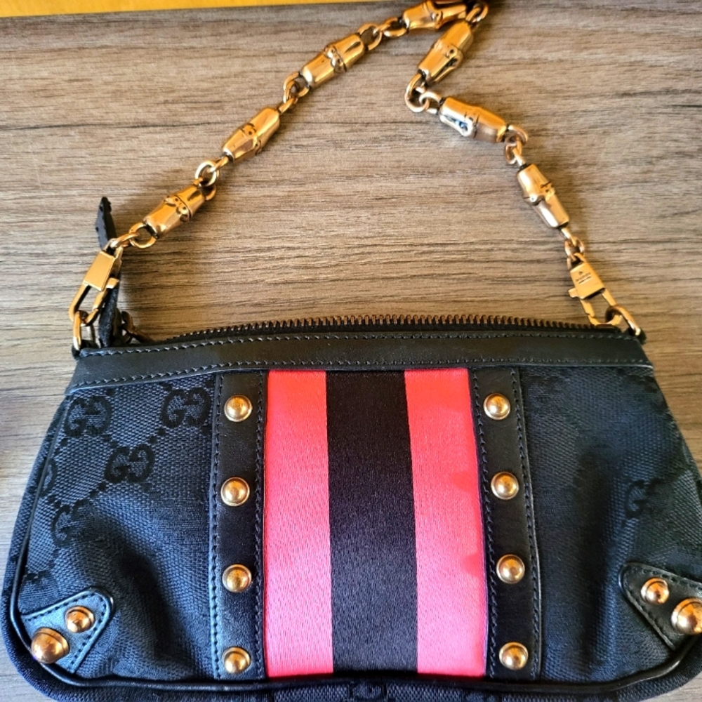 AUTHENTIC Gucci Sherry Bamboo Chain Hand Bag Black Canvas Monogram  Web 129423